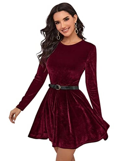 MakeMeChic Women's Elegant Velvet Long Sleeve A Line Swing Short Party Dress