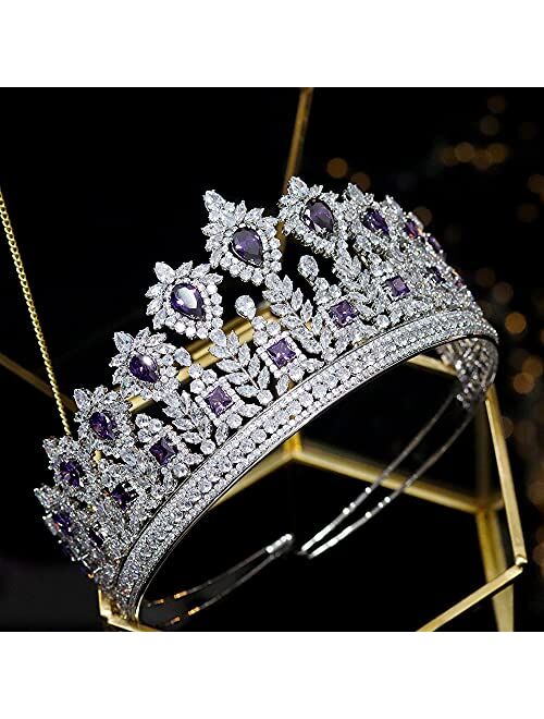 Jorsnovs 5A Level Cubic Zirconia Bridal Tiaras and Crowns Large CZ Headpiece Zircon Wedding Hair Jewelry Accessories for Women Girls (Blue)