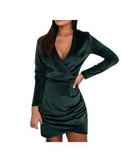 Bsdjilfg Velvet Dresses for Women Sexy Wrap V Neck Long Sleeve Bodycon Ruched Tulip Hem Night Out Evening Mini Sheath Dress