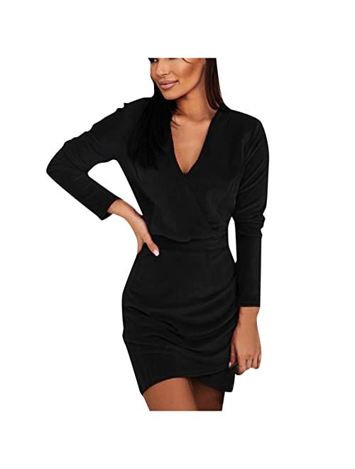 Bsdjilfg Velvet Dresses for Women Sexy Wrap V Neck Long Sleeve Bodycon Ruched Tulip Hem Night Out Evening Mini Sheath Dress