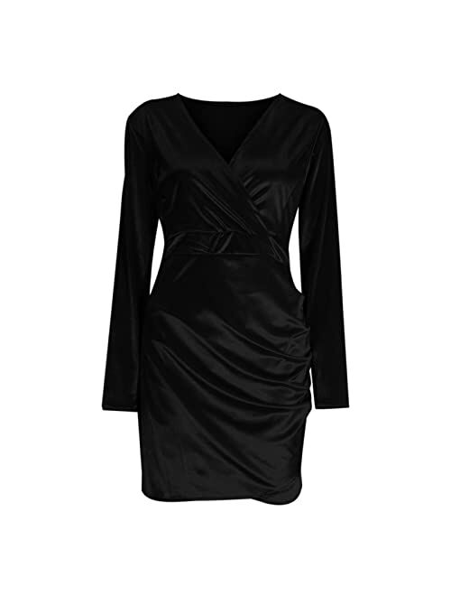 Bsdjilfg Velvet Dresses for Women Sexy Wrap V Neck Long Sleeve Bodycon Ruched Tulip Hem Night Out Evening Mini Sheath Dress