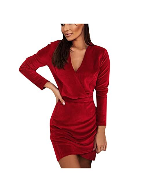 Bsdjilfg Velvet Dresses for Women Sexy Wrap V Neck Long Sleeve Bodycon Ruched Tulip Hem Night Out Evening Mini Sheath Dress