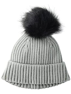 Women's Ribbed Beanie with Faux Fur Pom