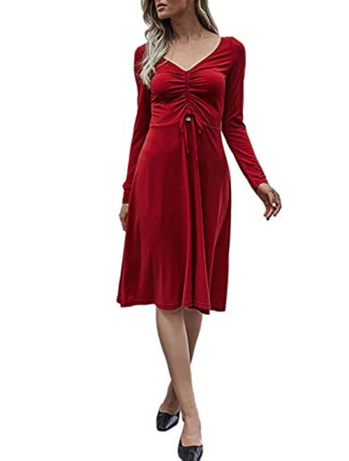 Linsery Women's Velvet Deep V Neck Long Sleeve Knee-Length Elegant Swing Party Cocktail Dress