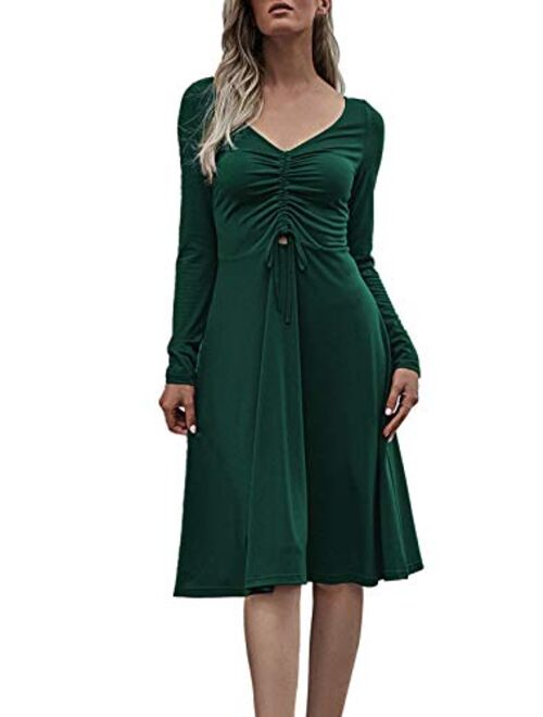 Linsery Women's Velvet Deep V Neck Long Sleeve Knee-Length Elegant Swing Party Cocktail Dress