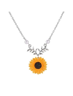 Awligaiy Women's Sunflower Leaf Branch Long Charm Pendant, Yellow Gold Plated Sunflower Necklace Jewelry Gifts for Girlfriend and Mother (Gold)