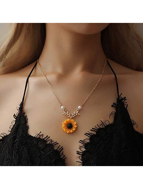 Awligaiy Women's Sunflower Leaf Branch Long Charm Pendant, Yellow Gold Plated Sunflower Necklace Jewelry Gifts for Girlfriend and Mother (Gold)