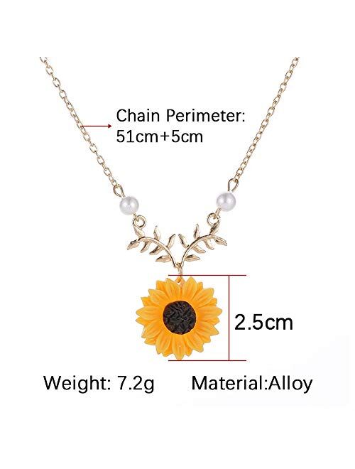 Awligaiy Women's Sunflower Leaf Branch Long Charm Pendant, Yellow Gold Plated Sunflower Necklace Jewelry Gifts for Girlfriend and Mother (Gold)