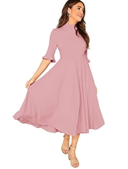 Women's Elegant Ribbed Knit Bell Sleeve Fit and Flare Midi Dress