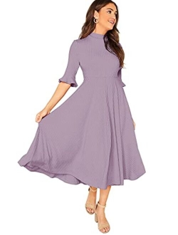 Women's Elegant Ribbed Knit Bell Sleeve Fit and Flare Midi Dress