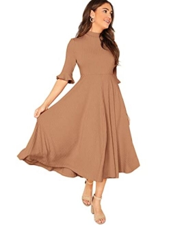 Women's Elegant Ribbed Knit Bell Sleeve Fit and Flare Midi Dress