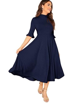 Women's Elegant Ribbed Knit Bell Sleeve Fit and Flare Midi Dress