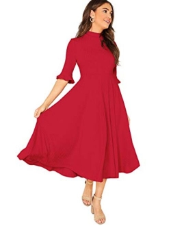 Women's Elegant Ribbed Knit Bell Sleeve Fit and Flare Midi Dress