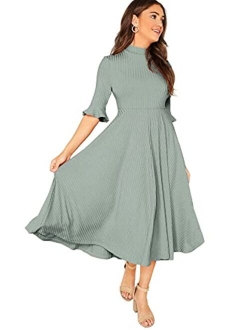 Women's Elegant Ribbed Knit Bell Sleeve Fit and Flare Midi Dress