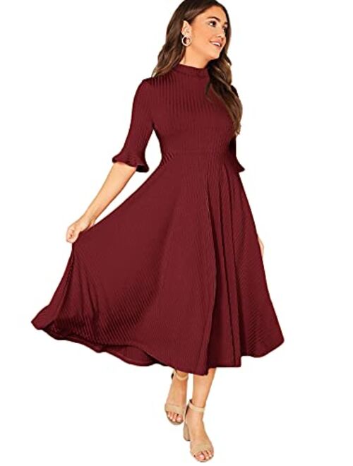 Verdusa Women's Elegant Ribbed Knit Bell Sleeve Fit and Flare Midi Dress