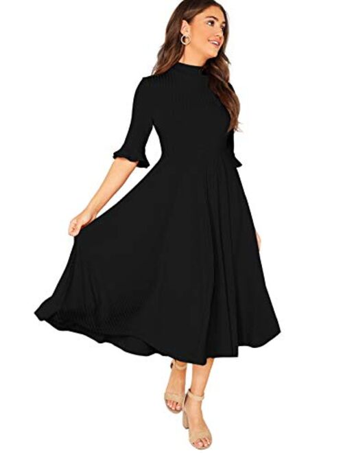 Verdusa Women's Elegant Ribbed Knit Bell Sleeve Fit and Flare Midi Dress