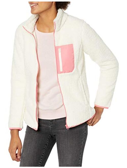 Amazon Essentials Women's Sherpa Long Sleeve Mock Neck Full-Zip Jacket with Woven Trim