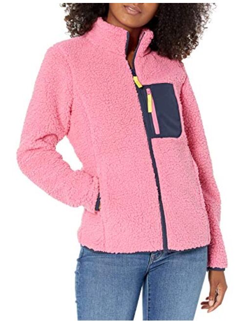 Amazon Essentials Women's Sherpa Long Sleeve Mock Neck Full-Zip Jacket with Woven Trim