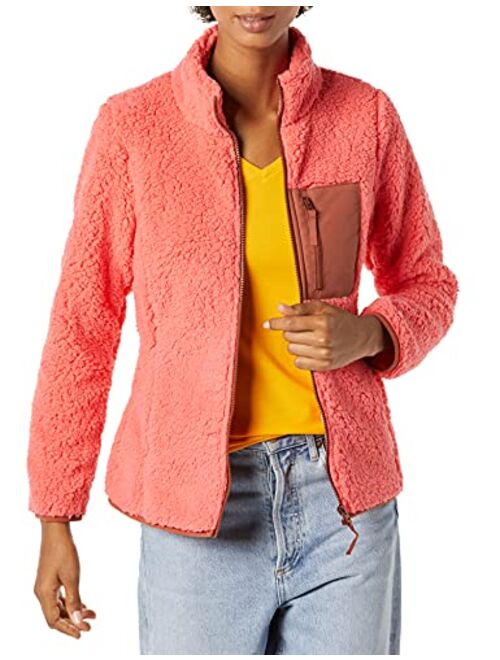 Amazon Essentials Women's Sherpa Long Sleeve Mock Neck Full-Zip Jacket with Woven Trim