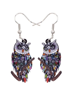 Sweet Dangle OWL Earrings Acrylic Art Bird Drop For Girls Women Kids Both Side Pattern By Bonsny Jewelry