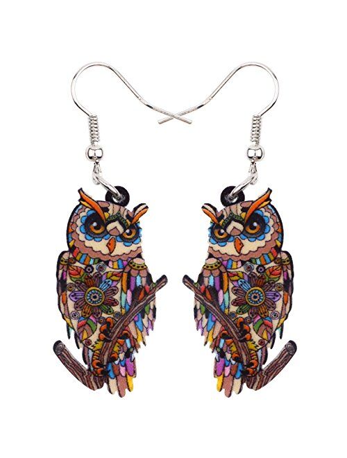 Sweet Dangle OWL Earrings Acrylic Art Bird Drop For Girls Women Kids Both Side Pattern By Bonsny Jewelry