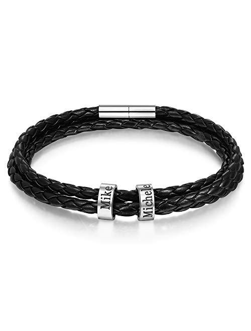 LanM Personalized Men Black Braid Bracelet Custom Bracelet for Men with Small Custom Beads Men's ID Bracelet