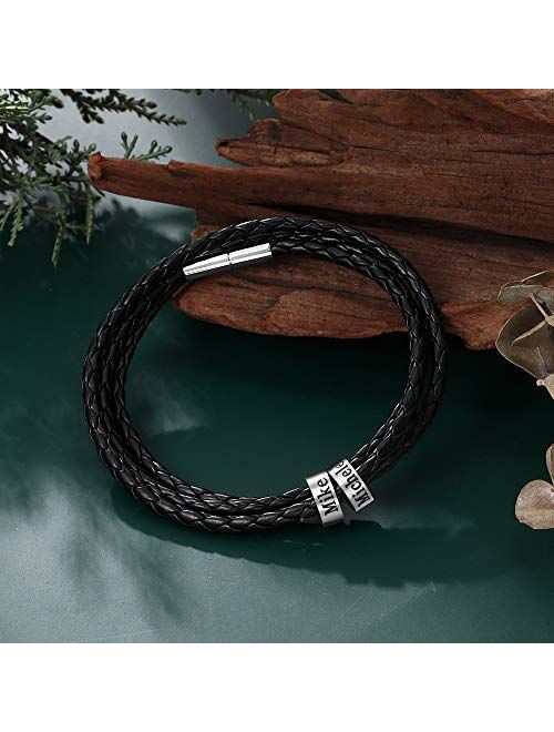 LanM Personalized Men Black Braid Bracelet Custom Bracelet for Men with Small Custom Beads Men's ID Bracelet