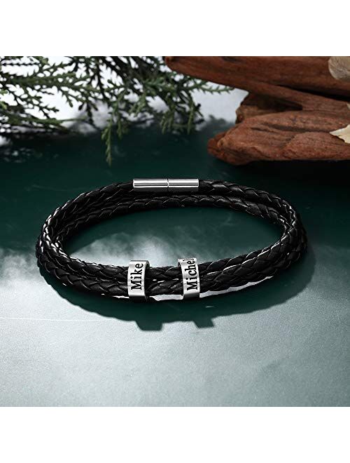 LanM Personalized Men Black Braid Bracelet Custom Bracelet for Men with Small Custom Beads Men's ID Bracelet