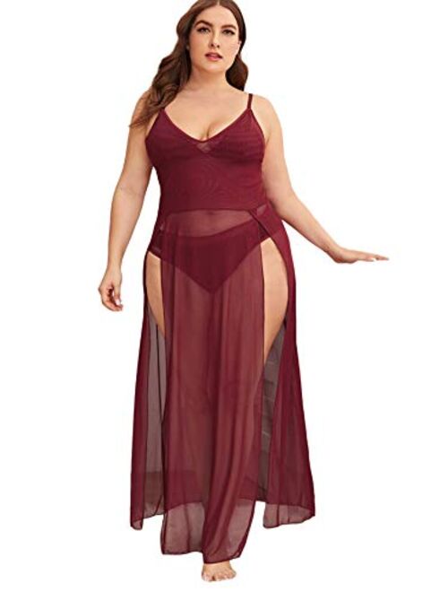 SOLY HUX Women's Plus Size Split Long Mesh Lingerie Dress Babydoll Chemise