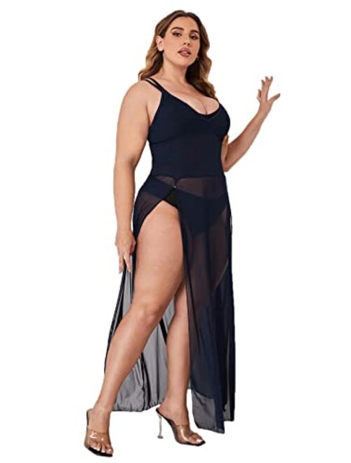 SOLY HUX Women's Plus Size Split Long Mesh Lingerie Dress Babydoll Chemise