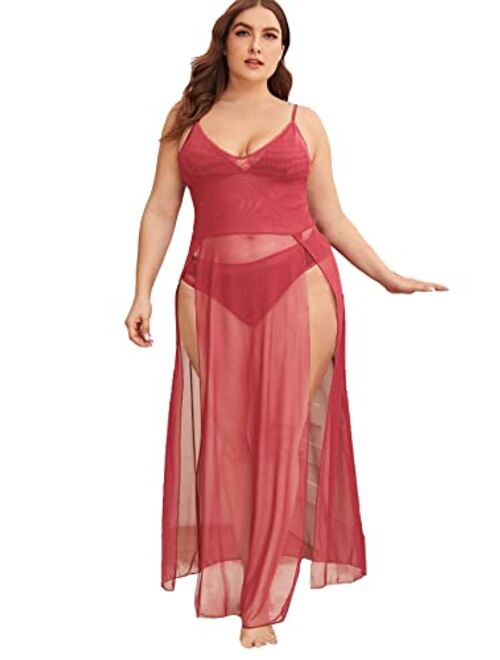 SOLY HUX Women's Plus Size Split Long Mesh Lingerie Dress Babydoll Chemise