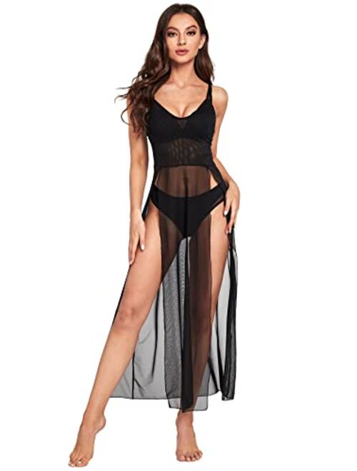 SOLY HUX Women's Plus Size Split Long Mesh Lingerie Dress Babydoll Chemise