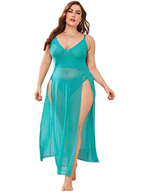 SOLY HUX Women's Plus Size Split Long Mesh Lingerie Dress Babydoll Chemise