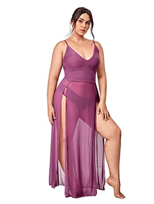 SOLY HUX Women's Plus Size Split Long Mesh Lingerie Dress Babydoll Chemise