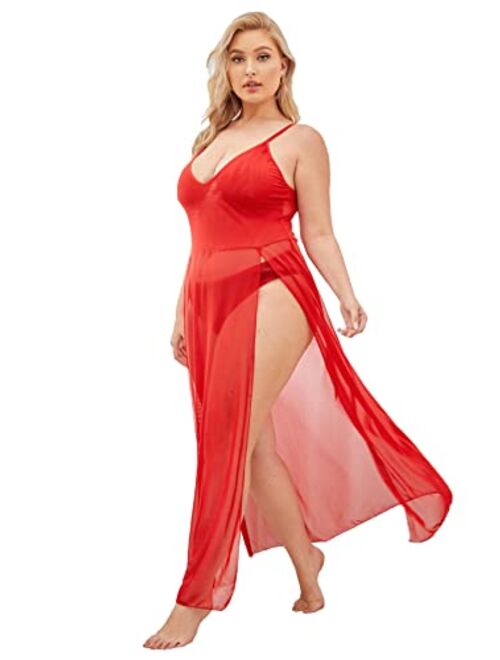 SOLY HUX Women's Plus Size Split Long Mesh Lingerie Dress Babydoll Chemise