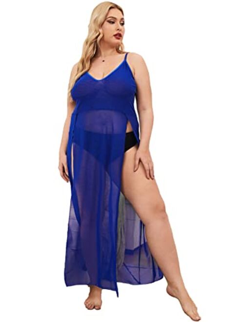 SOLY HUX Women's Plus Size Split Long Mesh Lingerie Dress Babydoll Chemise