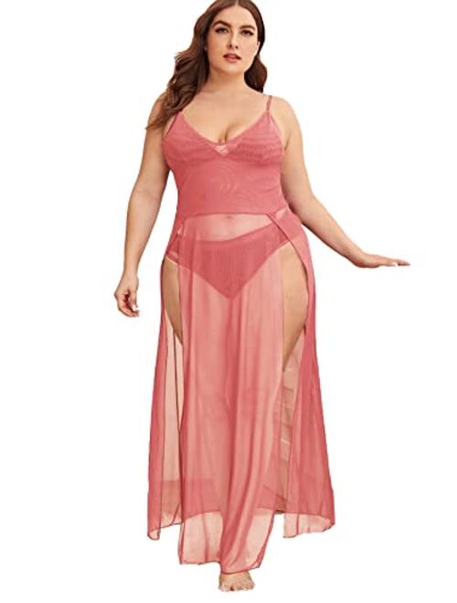 SOLY HUX Women's Plus Size Split Long Mesh Lingerie Dress Babydoll Chemise