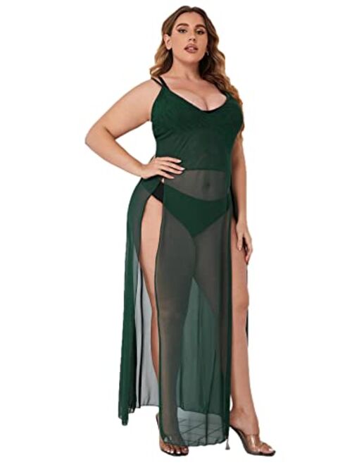 SOLY HUX Women's Plus Size Split Long Mesh Lingerie Dress Babydoll Chemise