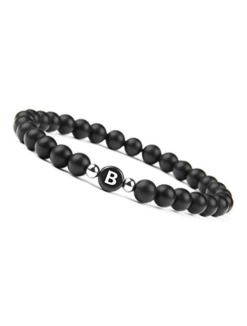 Gd Good.Designs Black Onyx Handmade Bracelet w/ Engraved Initial | Natural Stones 6mm Personalized Letter Engraving