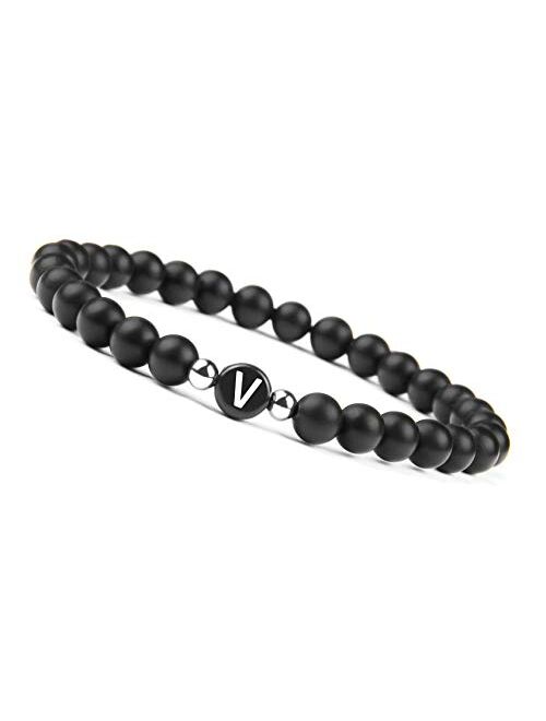 Gd Good.Designs Black Onyx Handmade Bracelet w/ Engraved Initial | Natural Stones 6mm Personalized Letter Engraving