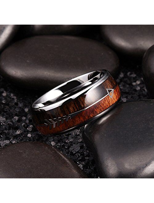 King Will Nature 8mm Arrow Tungsten Carbide Ring Wood Meteorite Sticker Inlay Domed Wedding Ring for Men