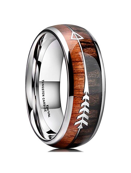 King Will Nature 8mm Arrow Tungsten Carbide Ring Wood Meteorite Sticker Inlay Domed Wedding Ring for Men