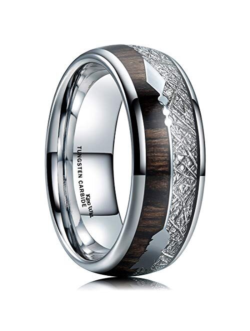 King Will Nature 8mm Arrow Tungsten Carbide Ring Wood Meteorite Sticker Inlay Domed Wedding Ring for Men