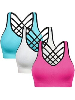 BHRIWRPY Padded Strappy Sports Bras for Women - Activewear Tops for Yoga Running Fitness Pack of 3