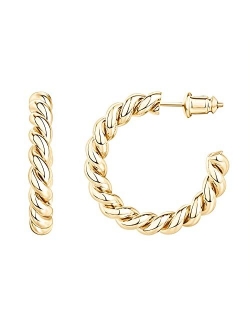 14K Gold Plated 925 Sterling Silver Twisted Rope Round Hoop Earrings in Rose Gold, White Gold and Yellow Gold