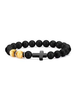 Byson Fashion Religion Cross Men Women 8mm Natural Stone Tiger Eye & Black Matte Agate Beads Bracelet Elastic Bracelet Bangle