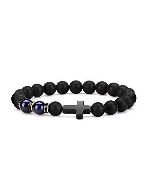 Byson Fashion Religion Cross Men Women 8mm Natural Stone Tiger Eye & Black Matte Agate Beads Bracelet Elastic Bracelet Bangle