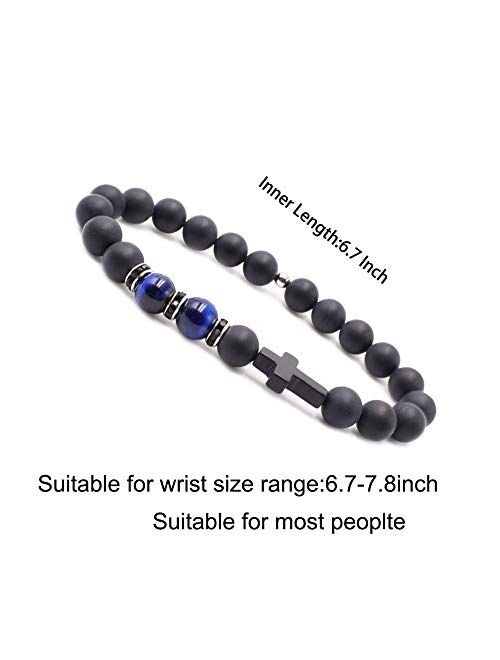 Byson Fashion Religion Cross Men Women 8mm Natural Stone Tiger Eye & Black Matte Agate Beads Bracelet Elastic Bracelet Bangle