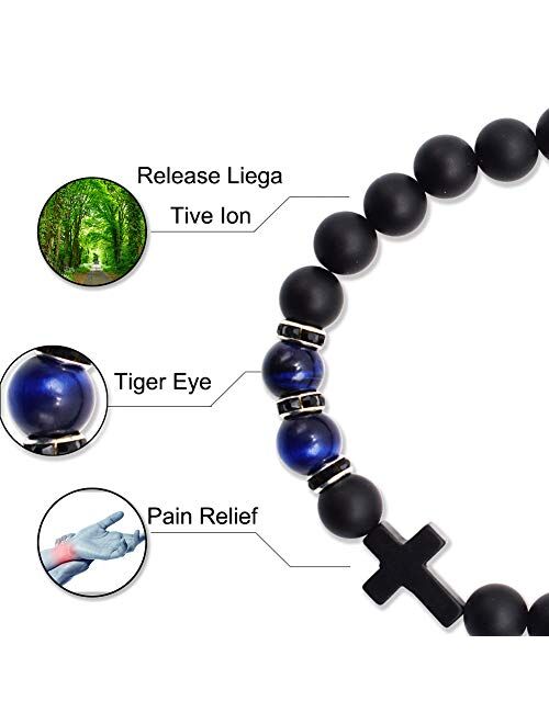 Byson Fashion Religion Cross Men Women 8mm Natural Stone Tiger Eye & Black Matte Agate Beads Bracelet Elastic Bracelet Bangle