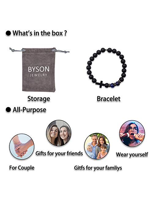 Byson Fashion Religion Cross Men Women 8mm Natural Stone Tiger Eye & Black Matte Agate Beads Bracelet Elastic Bracelet Bangle